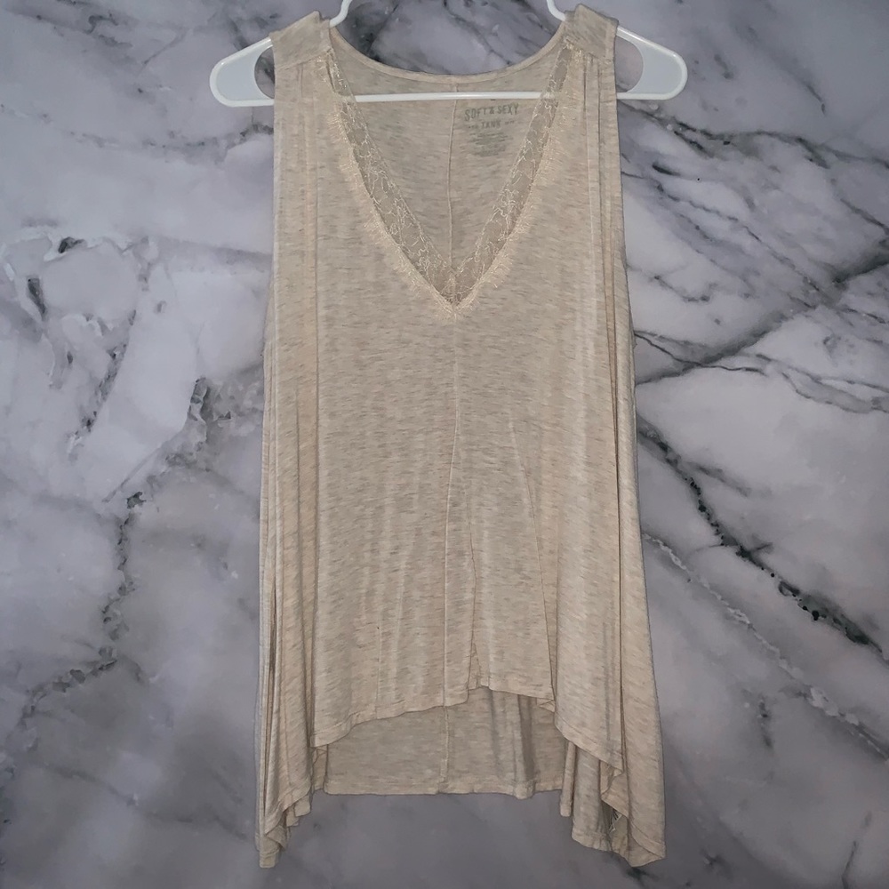 American Eagle Oatmeal Tank with Lace Detailing